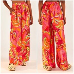 NWOT Farm Rio Wide-Leg Pants M Hi Rise Fruit Brush Floral Boho Beach Maximalist